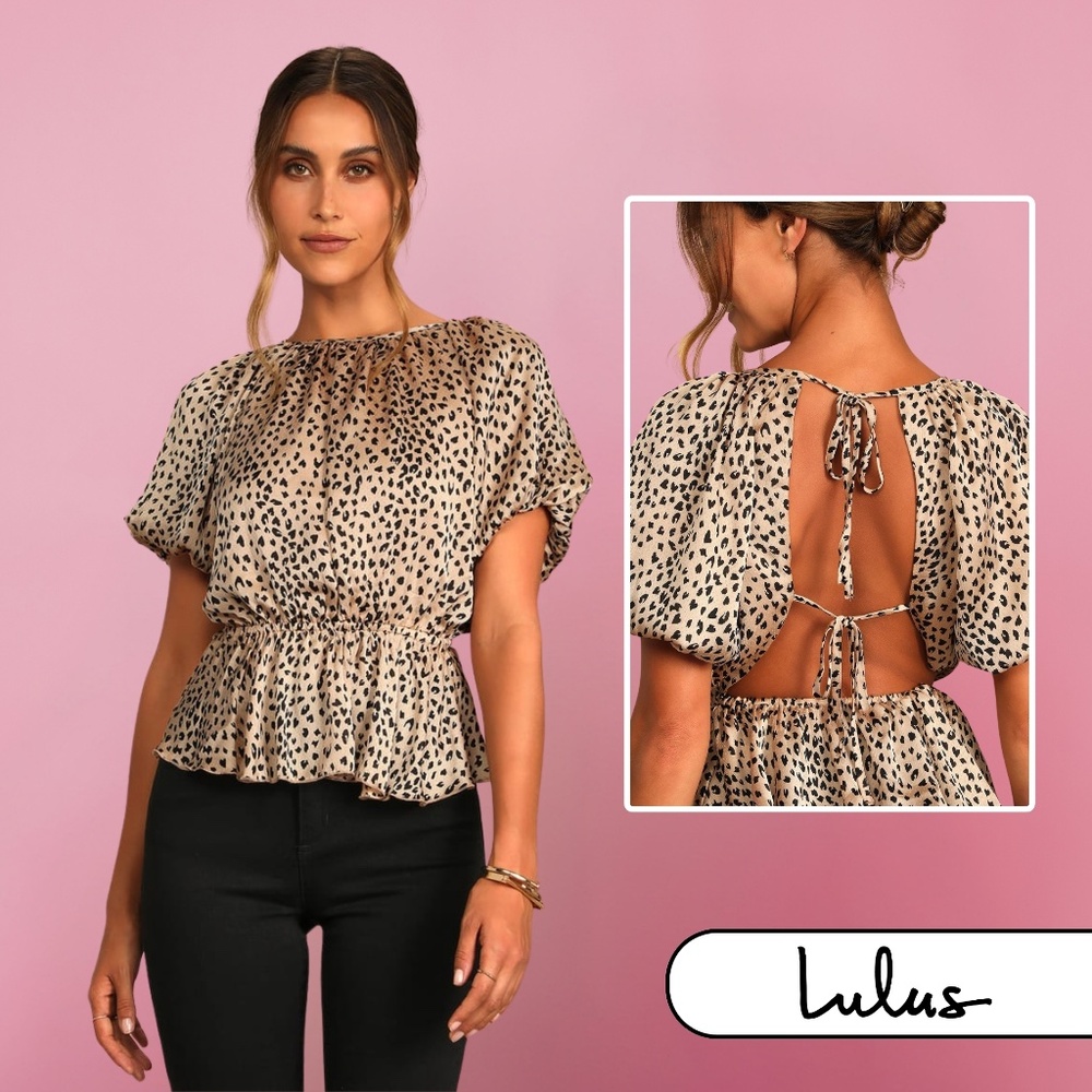 NWT Lulus Tame Your Love Beige Leopard Print Backless Puff Sleeve Top - Size M